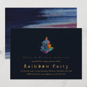 Modern Rainbow Christmas Tree Trendy Navy Blue Invitation