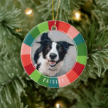 Modern Rainbow Colour Wheel Pet Photo Christmas Ceramic Tree Decoration<br><div class="desc">This fun pet photo Christmas ornament is sure to brighten up your tree this year! It features a colourful, hand painted colour wheel in retro colours of red, orange red, blush pink, teal, crisp green, and lime green. It's easy to personalise and contains a photo template on both the front...</div>