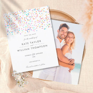 Modern Rainbow Confetti Save The Date Announcement Postcard