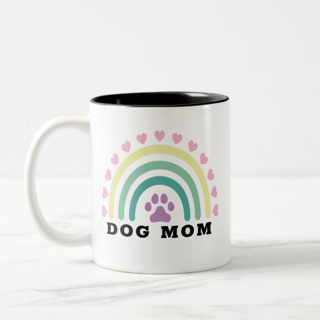 Modern Rainbow Dog Mum Monogram  Two-Tone Coffee Mug (Left)