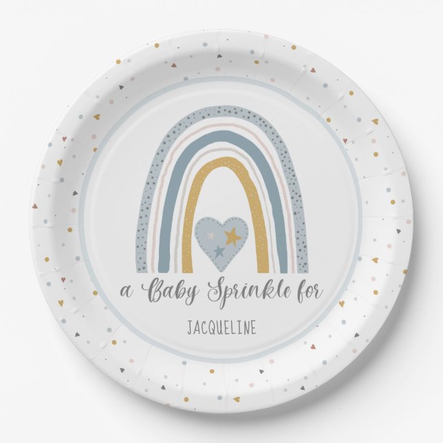Modern Rainbow Dusty Blue Gold Baby Boy Sprinkle Paper Plate (Front)