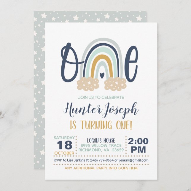 Modern Rainbow First Birthday Invitation - Boy LB (Front/Back)