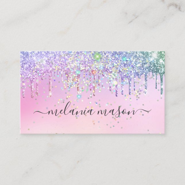 Modern Rainbow Glitter Dripping Pink  Business Card (Front)