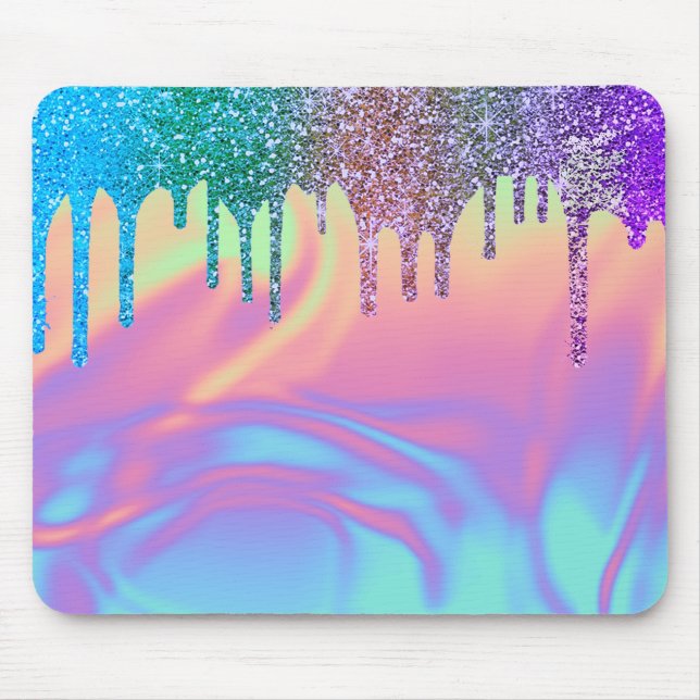 Modern Rainbow Glitter Drips Ombre Holographic Mouse Mat (Front)