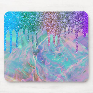 Modern Rainbow Glitter Drips Opal Mouse Mat