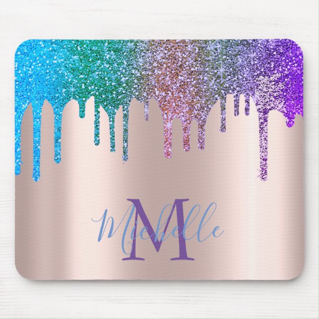 Modern Rainbow Glitter Drips Rose Gold Monogram Mouse Mat (Front)