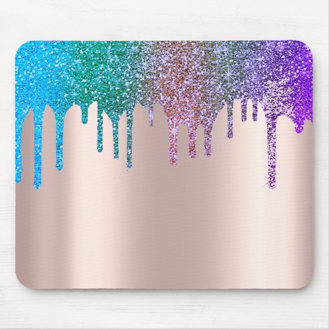 Modern Rainbow Glitter Drips Rose Gold Mouse Mat (Front)