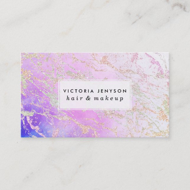 Modern rainbow glitter marble on nebula watercolor business card (Front)