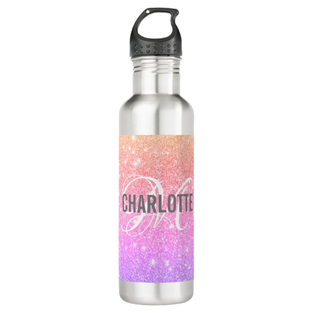 Modern rainbow glitter monogram name    710 ml water bottle (Front)