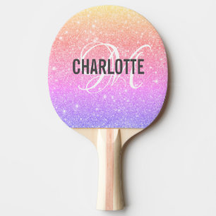 Modern rainbow glitter monogram name   ping pong paddle