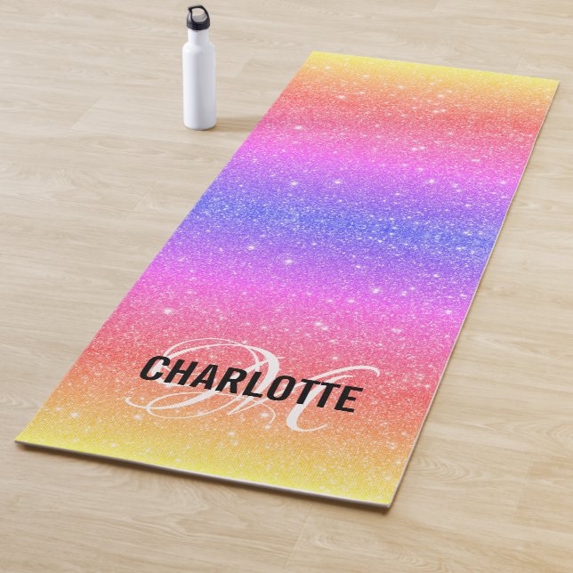 Modern rainbow glitter monogram name yoga mat (In Situ)
