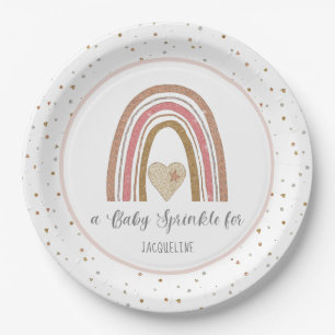 Modern Rainbow Glitter Pink Gold Baby Sprinkle Paper Plate