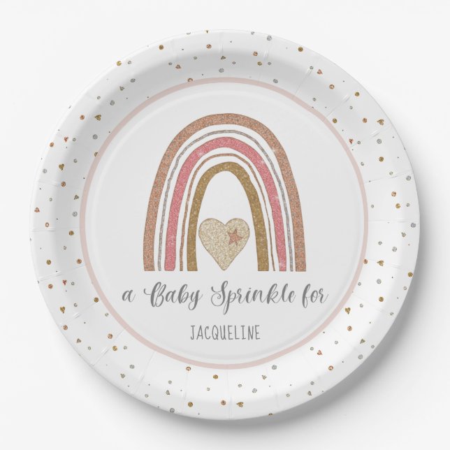 Modern Rainbow Glitter Pink Gold Baby Sprinkle Paper Plate (Front)
