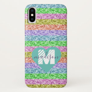 Modern Rainbow Glitter Script Name Monogram  iPhone X Case