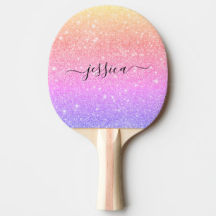 Modern rainbow glitter script name ping pong paddle