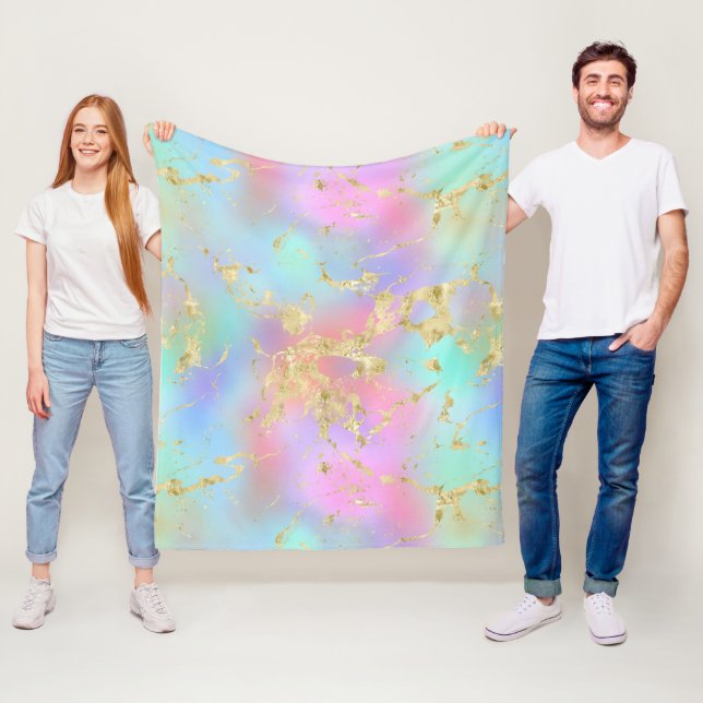 Modern Rainbow Gradient and Gold Marble Pattern Fleece Blanket (In Situ)