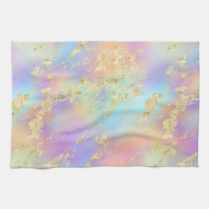 Modern Rainbow Gradient and Gold Marble Pattern Tea Towel
