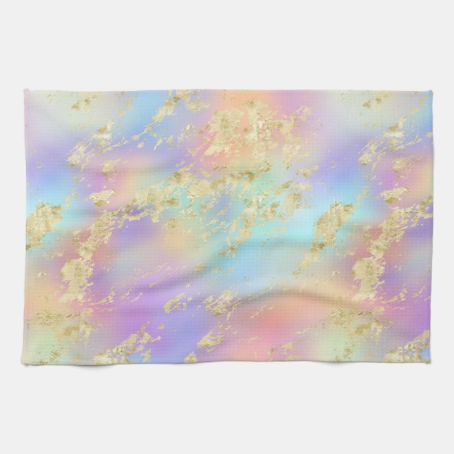 Modern Rainbow Gradient and Gold Marble Pattern Tea Towel (Horizontal)