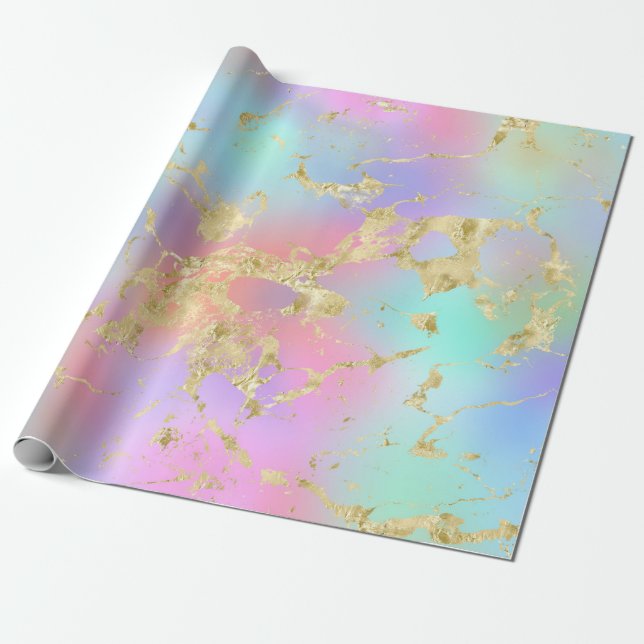 Modern Rainbow Gradient and Gold Marble Pattern Wrapping Paper (Unrolled)
