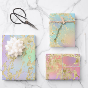 Modern Rainbow Gradient and Gold Marble Patterns Wrapping Paper Sheet