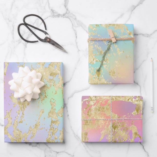 Modern Rainbow Gradient and Gold Marble Patterns Wrapping Paper Sheet (Front)