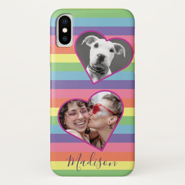 Modern Rainbow Heart Photo Script Name Monogram C Case-Mate iPhone Case (Back)