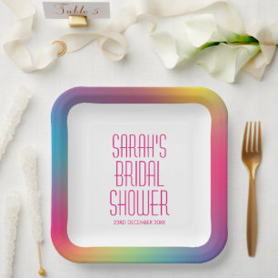 Modern Rainbow Holographic Gradient Bridal Shower Paper Plate