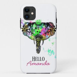 Modern rainbow line tangle elephant paint splatter iPhone 11 case