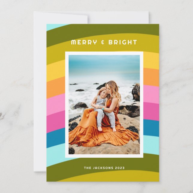 Modern Rainbow Merry and Bright Holiday Card (Front)