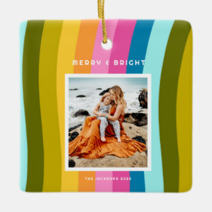 Modern Rainbow Merry and Bright Vertical Ceramic Ornament