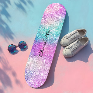 Modern rainbow nebula sparkles girly glitter name skateboard