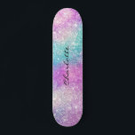 Modern rainbow nebula sparkles girly glitter name skateboard<br><div class="desc">Modern rainbow nebula sparkles girly glitter name skateboard in purple,  pink,  blue colours.</div>