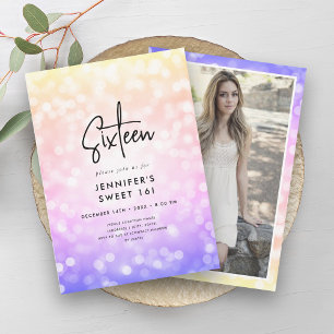 Modern Rainbow Ombre Lights Photo Sweet 16  Invitation