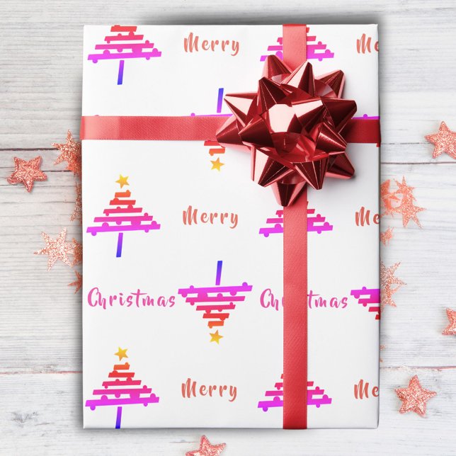 Modern Rainbow Pink Christmas Tree Pattern Holiday Wrapping Paper (Creator Uploaded)