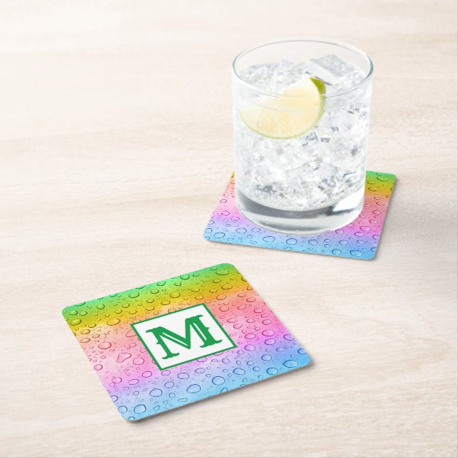 Modern Rainbow Raindrops Monogram Square Paper Coaster (Insitu)