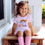 Modern Rainbow Sky Girls Custom Birthday Party T-Shirt<br><div class="desc">Bright and cheerful children's birthday shirt features a rainbow / over the rainbow theme design with clouds and sun. Rainbow colours include: red,  orange,  yellow,  pink,  green,  teal,  blue and purple.</div>
