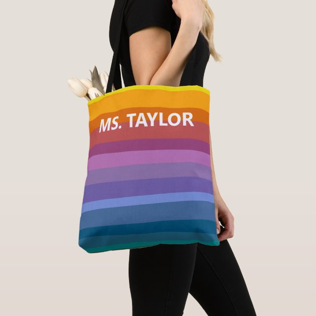 Modern Rainbow Stripes Teacher Name Gift Tote Bag (Close Up)