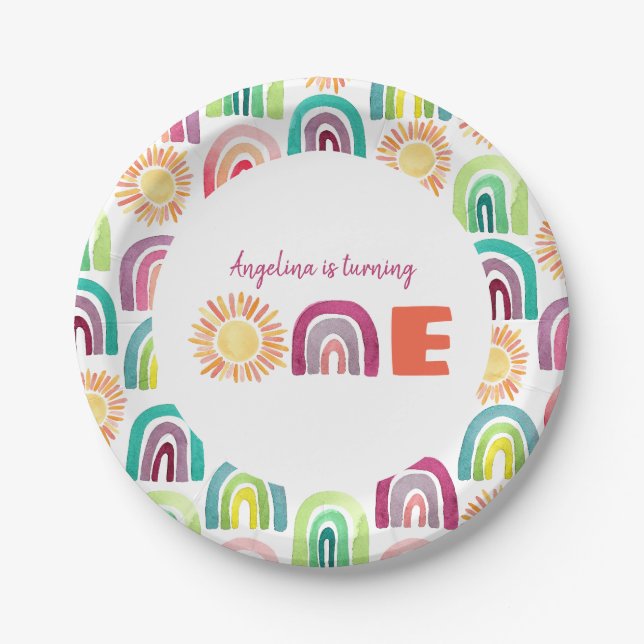 Modern Rainbow & Suns 1st Birthday Watercolor Paper Plate (Front)