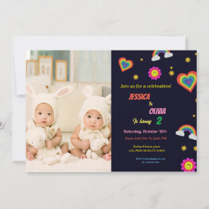 Modern rainbow twins birthday party invitation