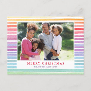 Modern Rainbow Watercolor Stripes Photo Holiday Postcard