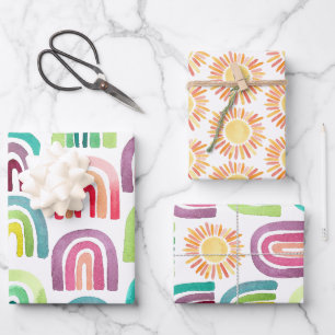 Modern Rainbows & Sun Pattern Birthday Party Wrapping Paper Sheet