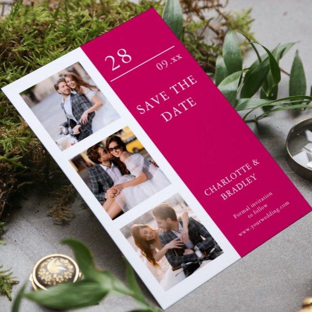 Modern Raspberry Four Photo Wedding Collage Save The Date (Creator Uploaded)