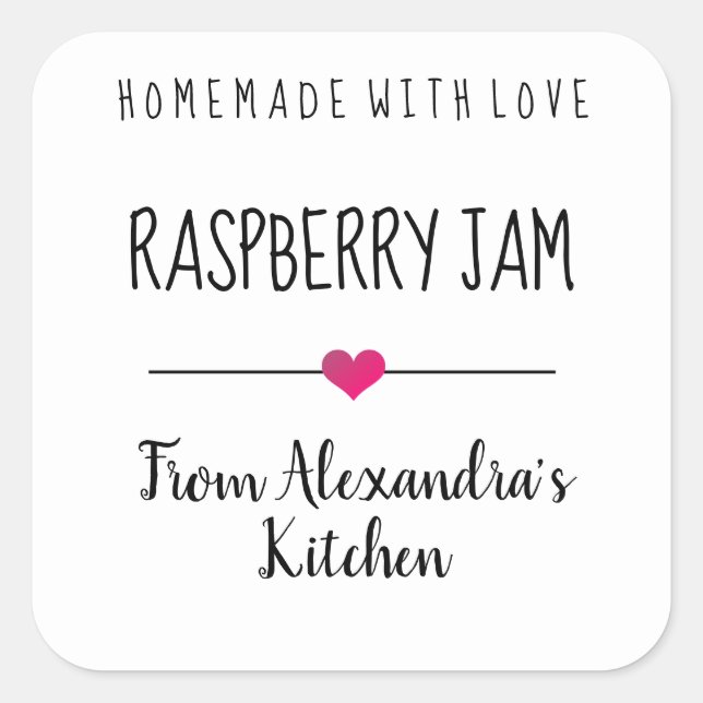 Modern Raspberry jam homemade with love Square Sticker (Front)