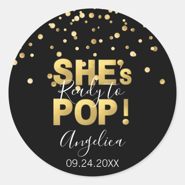Modern Ready to Pop Baby Shower Gold Black Classic Round Sticker (Front)