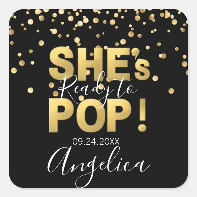 Modern Ready to Pop Baby Shower Gold Black Square Sticker (Front)