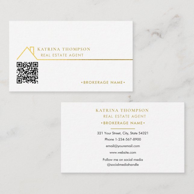 Modern Real Estate Agent Broker QR Code Gold Business Card (Front/Back)