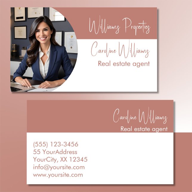 Modern real estate agent photo dusty rose white business card (Creator Uploaded)