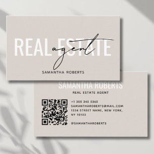 Modern real estate agent QR Code beige Business Card