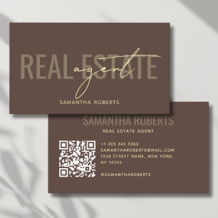 Modern real estate agent QR Code brown Business Card