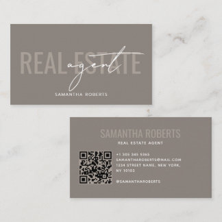 Modern real estate agent QR Code taupe Business Card